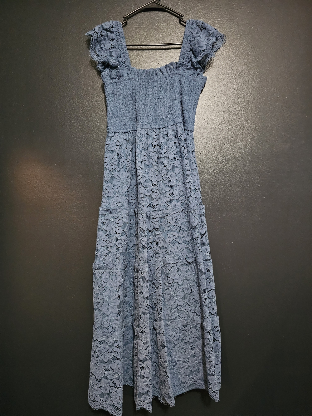 Blue Lace Maxi Dress with Smocked Bodice